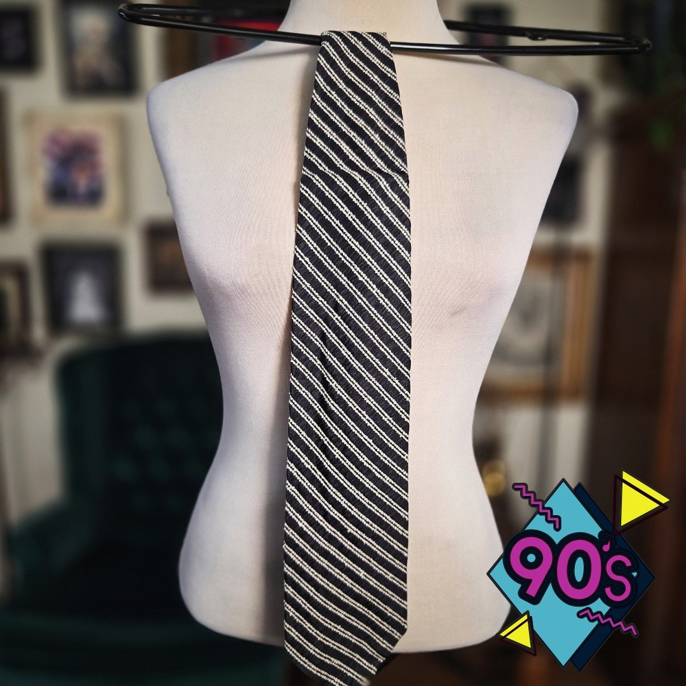 Structure Silk Tie Vintage 90s Black White Diagonal Stripe Mens Necktie USA Made